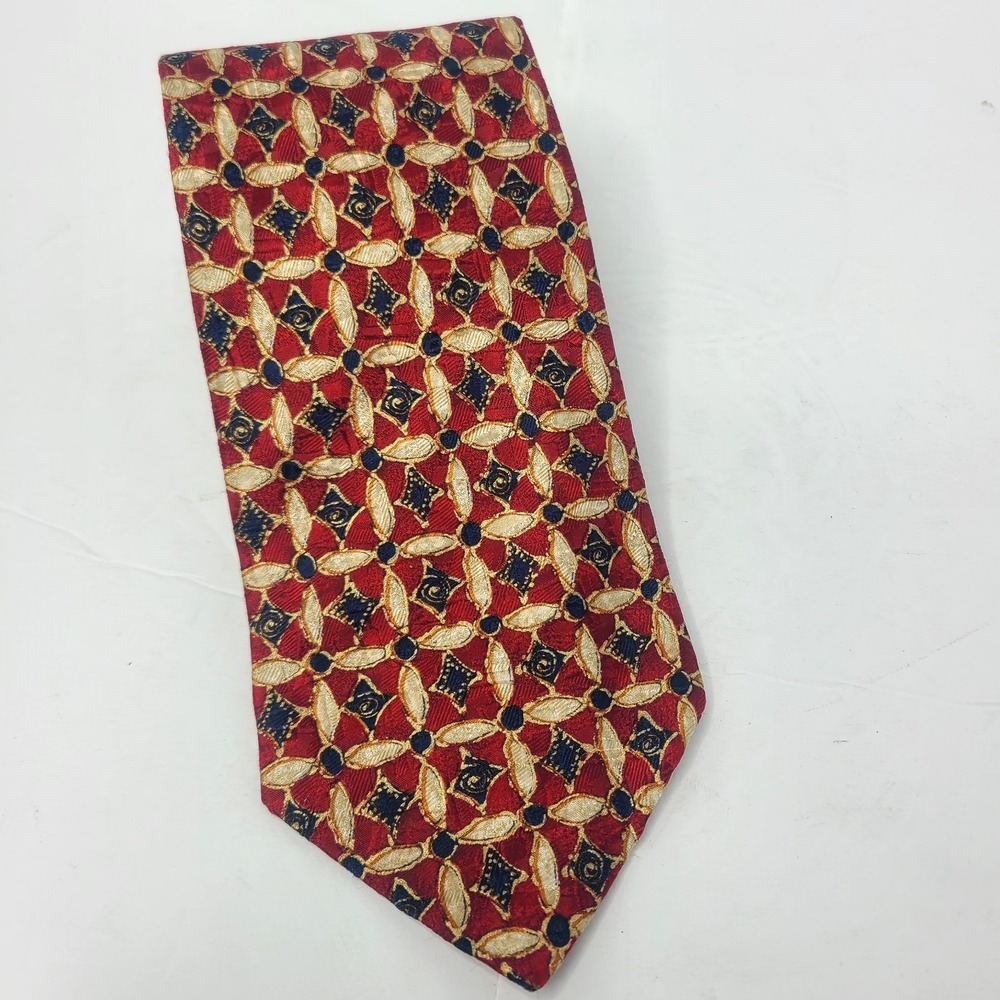 Ermenegildo Zegna Silk Tie Red Gold Navy Ornate Geometric Jacquard Made in Italy